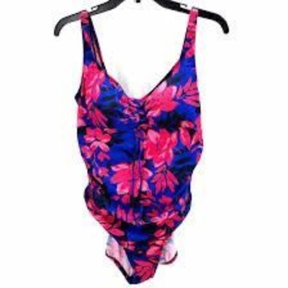Aqua Green Size M One Piece Cinch Front Swimsuit Royal Blue Pink Tropical Floral - Picture 4 of 10